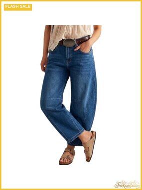 Women's Mid Rise Barrel Jeans, Stretchy Cropped Denim Pants